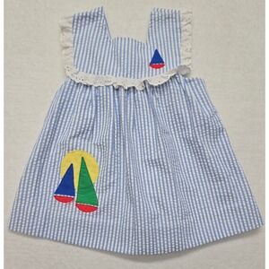 Vintage Seersucker Sailboat Dress Girls‎ Applique Nautical Ruffle Sleeveless